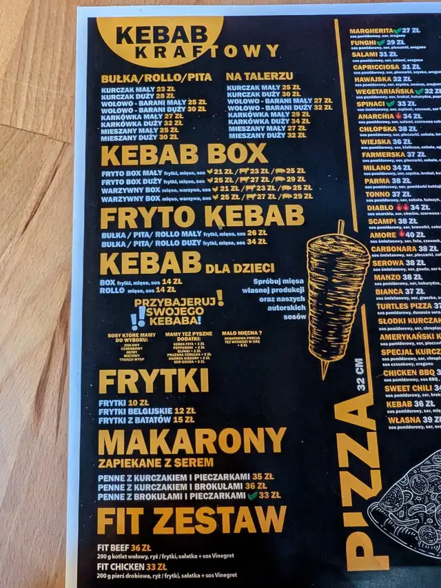 Karta w lokalu: kebab kraftowy, kebab box, fryto kebab, frytki, makarony, fit zestaw